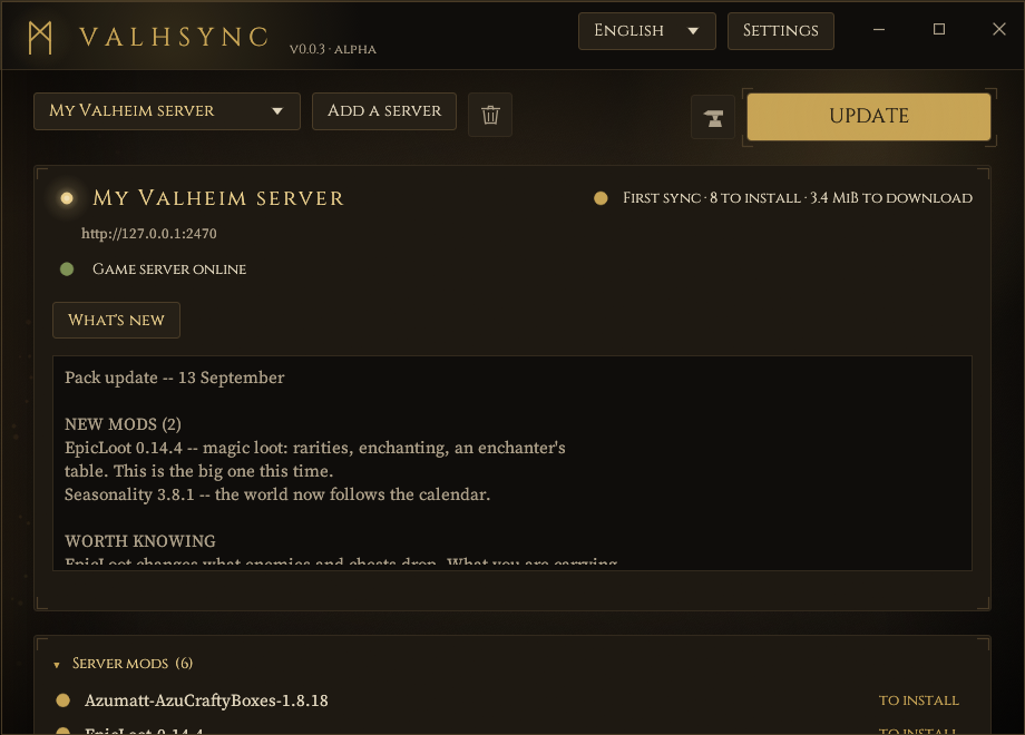 The launcher: one server, what it is about to install, the
      admin's note, and the mods the server runs.