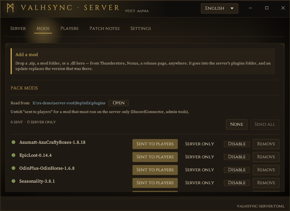 The Mods tab: a drop zone for installing a mod, then one row
      per mod with sent-to-players or server-only, and buttons to disable or remove it.
