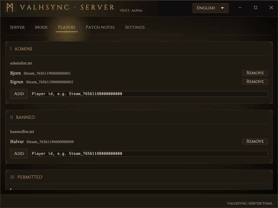 The Players tab: the admin list and the banned list, each
      id shown with the name the server's log recorded for it, and a field to add another.