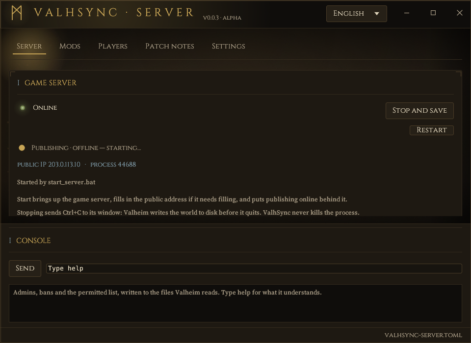 The ValhSync server window on its Server tab: the game
      server online with Stop and Restart, publishing, the public address, and the console
      below.